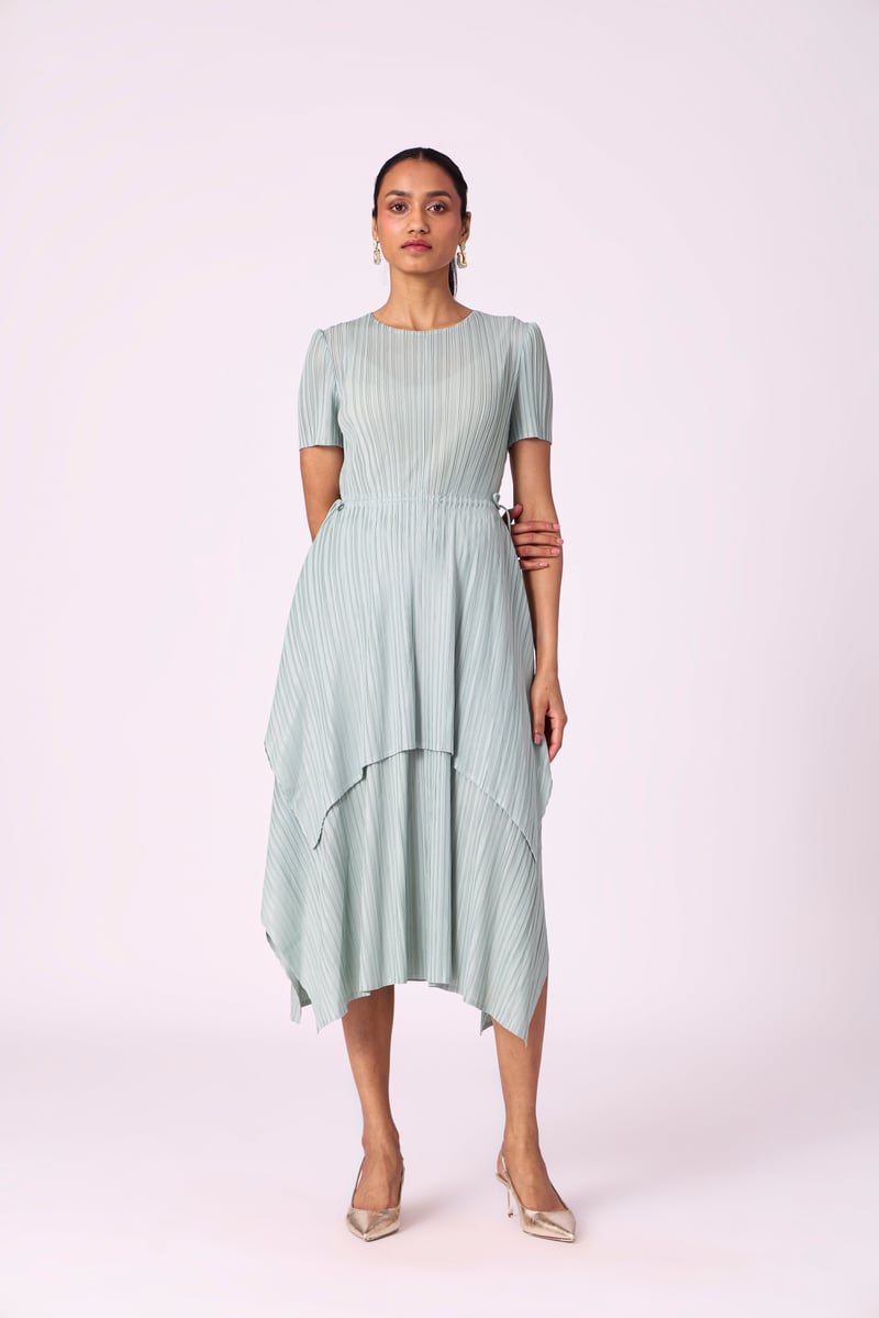 Sage Mint Pleated A-Line Midi Dress with Tie Waist