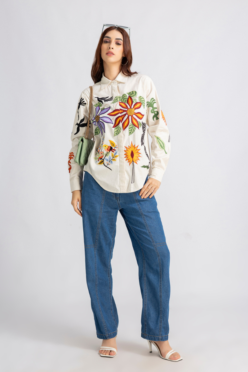 Beige Cotton Poplin Embroidered Button-Down Shirt