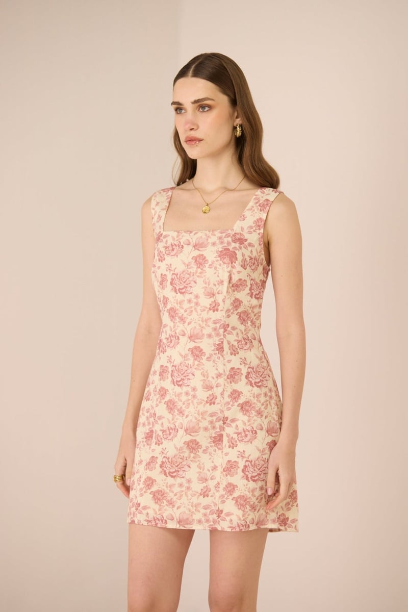 Wildflower Rose Floral Cotton Linen Slim-Fit Mini Dress