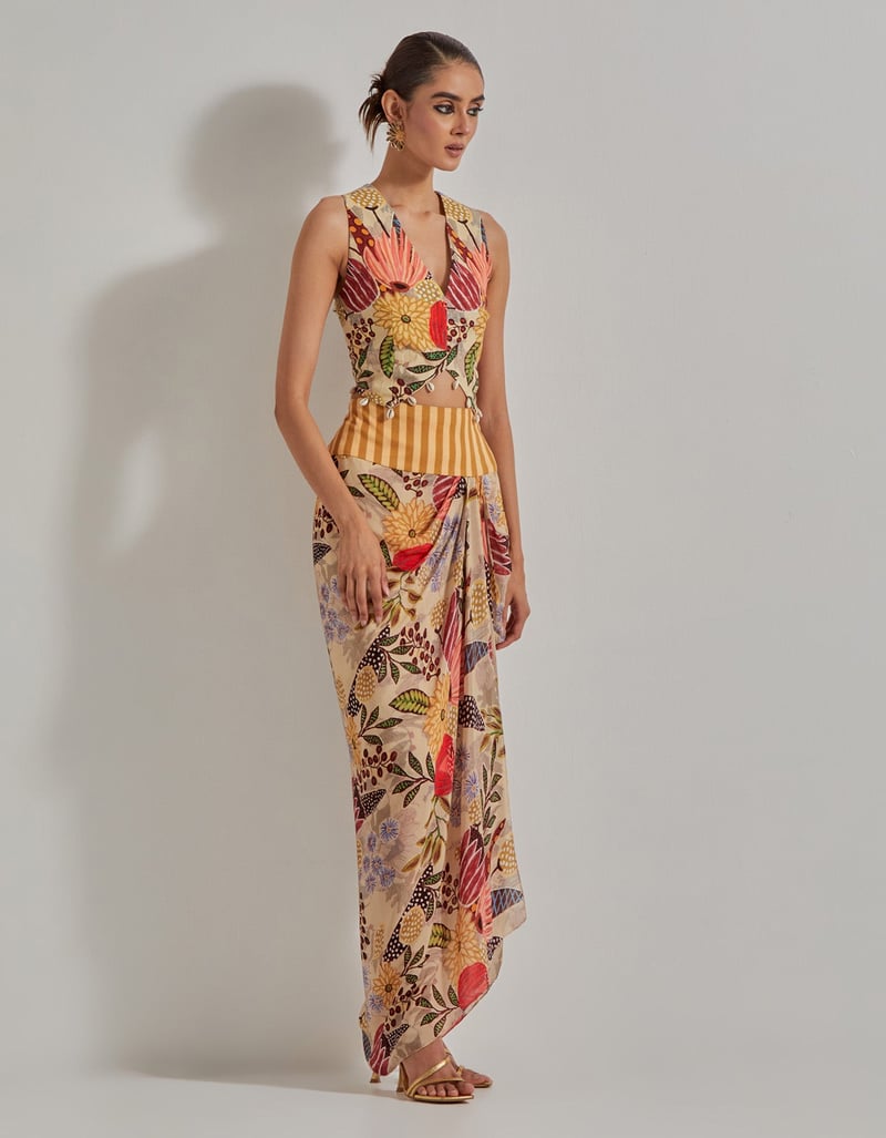 Beige Printed Waistcoat and Draped Maxi Skirt Co-ord