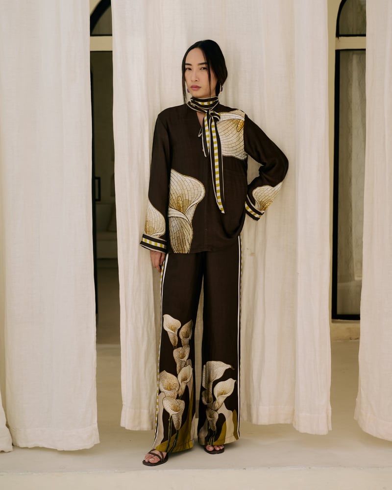Brown Modal Satin Longline Printed Tie-Neck Top