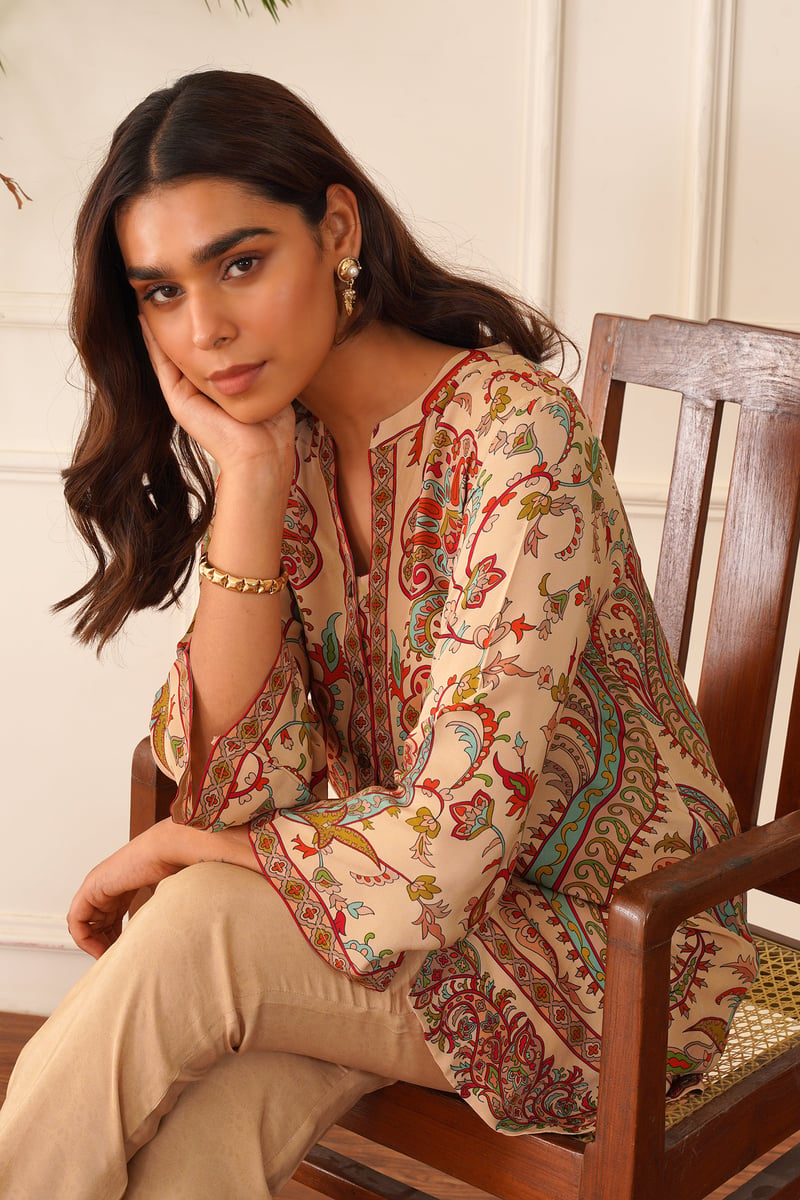 Beige Printed Crepe Co-ord Set with Straight Pants