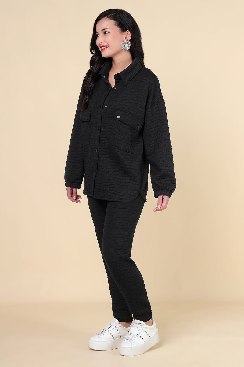 Black Quilted Shirt Jacket and Tapered Pants Co-ord Set