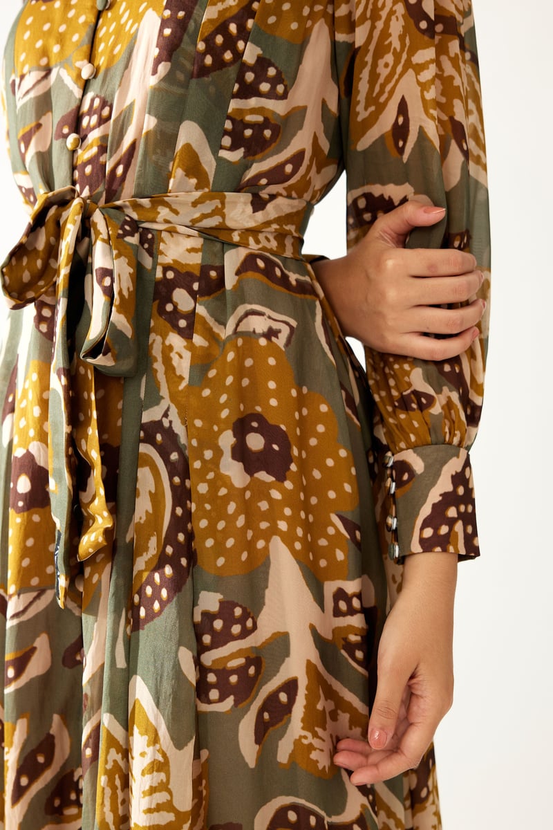 Olive And Mustard Floral Long Dress