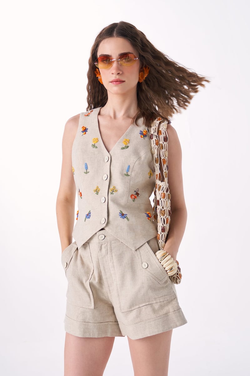 Neutral Linen Embroidered Vest and Shorts Co-ord Set