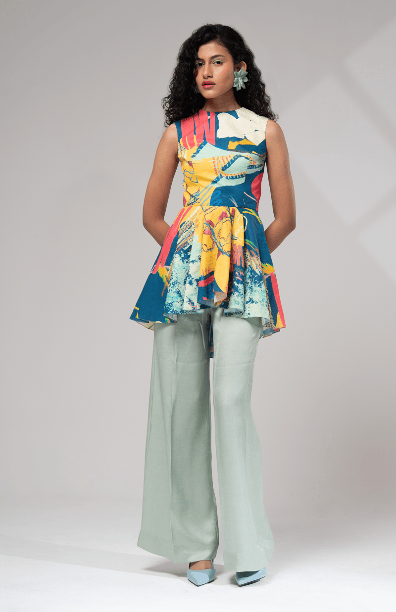 Multicolor Abstract Printed Cotton Linen Peplum Top — ADVAIT