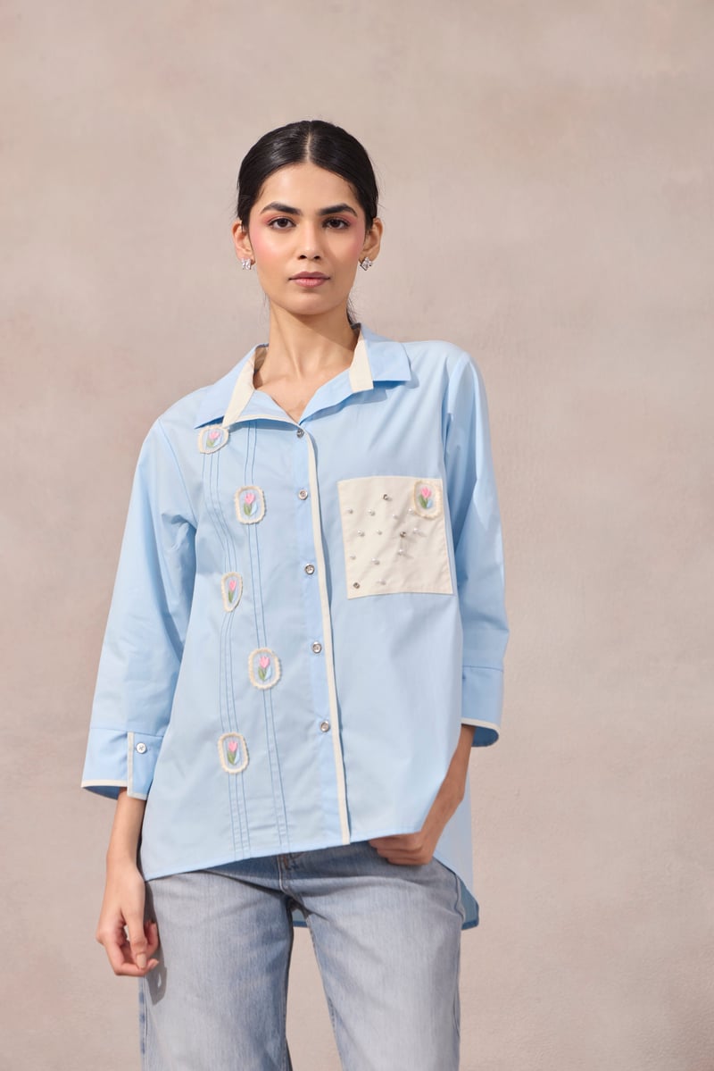 Frost Blue Cotton Poplin Shirt with Applique and Pearl Pocket