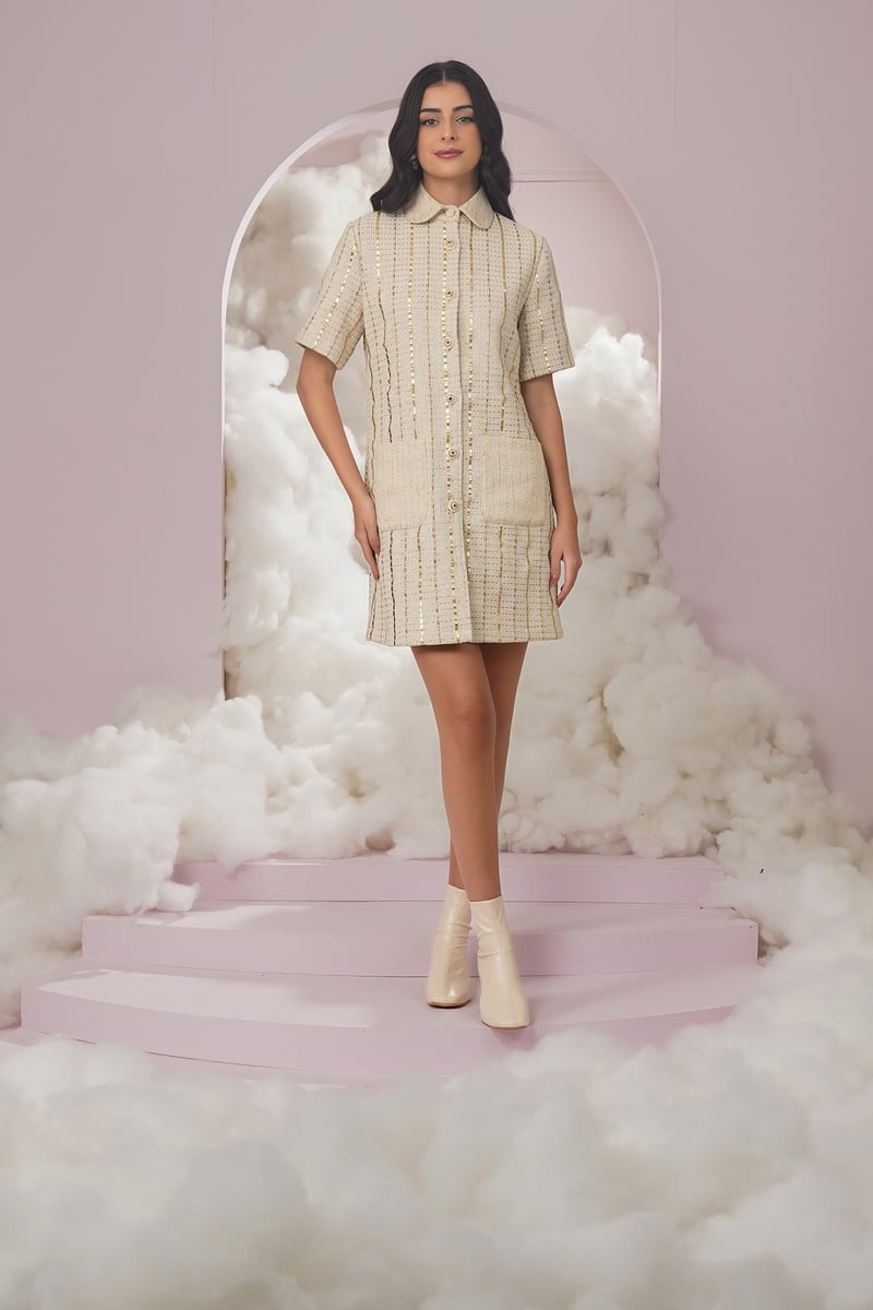 White Textured Mini Shirt Dress with Gold Button Details