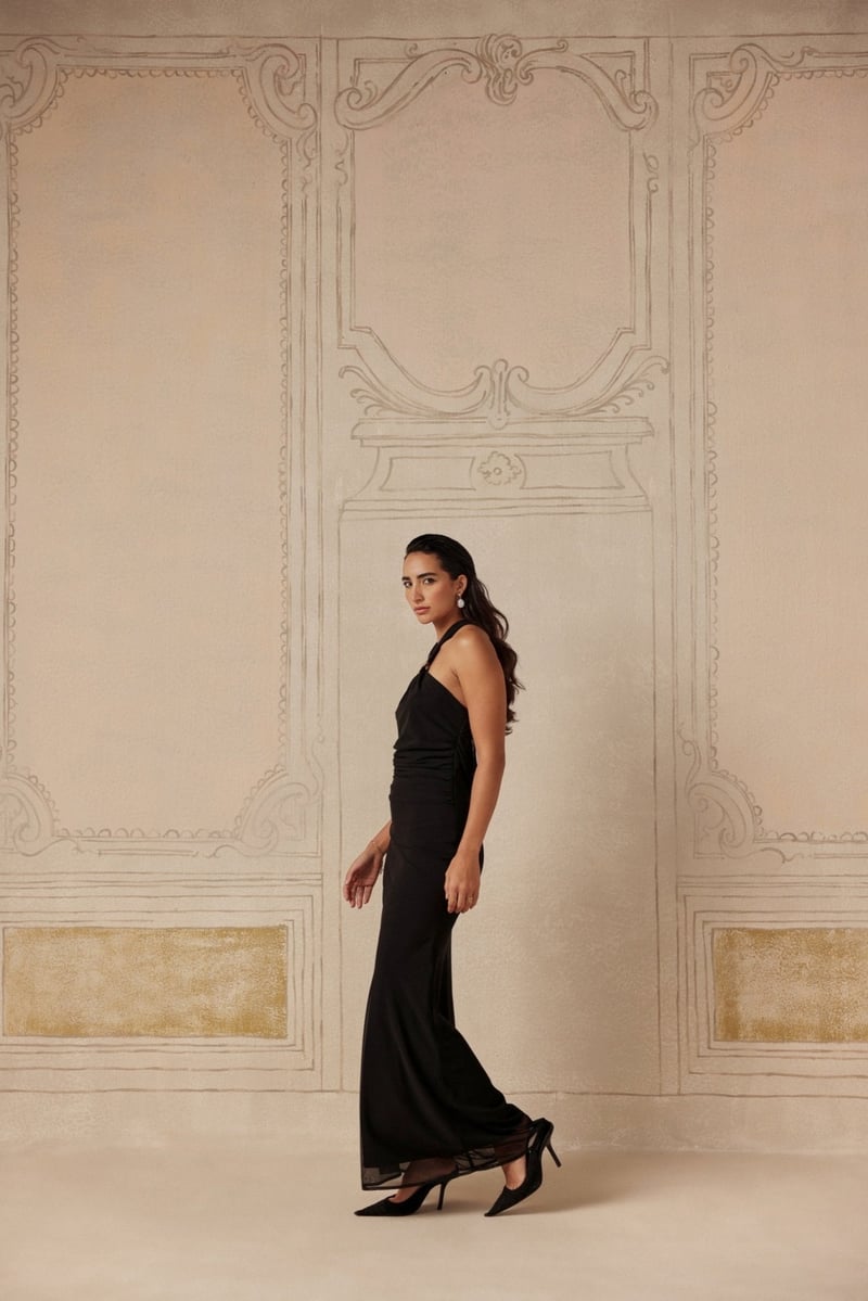 Black Halter Neck Maxi Dress with Gold Accent