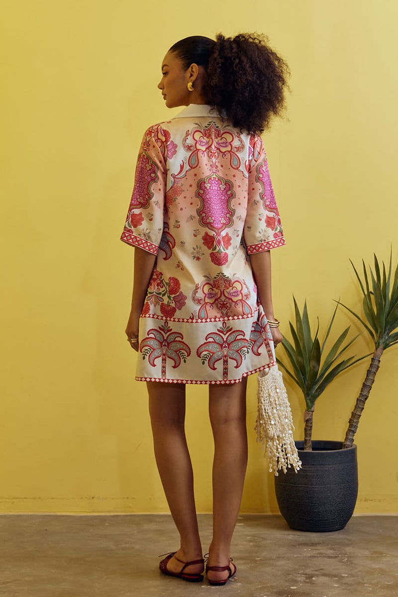 White Printed Mini Shirt Dress in Rayon Slub