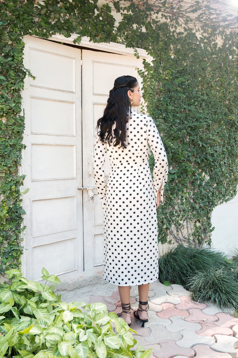 Off-White Polka Dot Knot-Waist Midi Shirt Dress