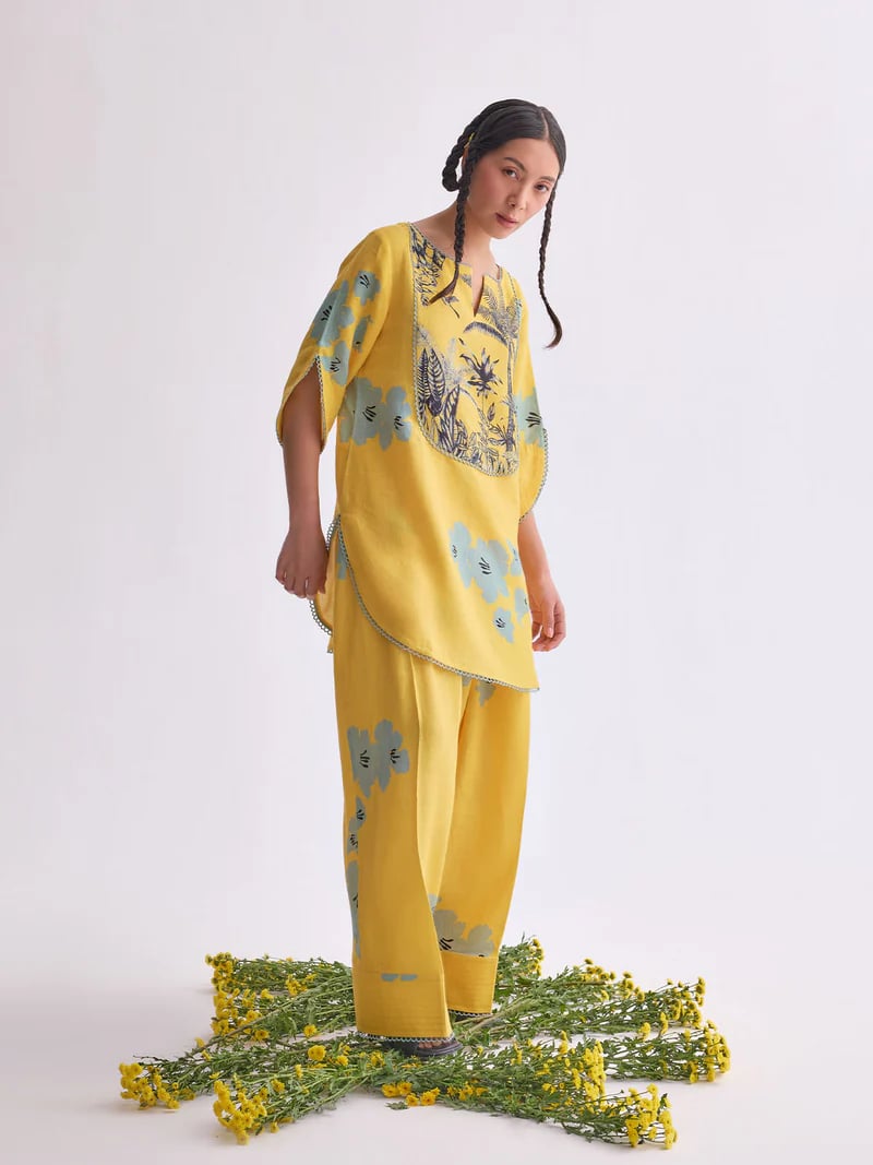Yellow Gauze Linen Floral Printed Kurta Set with Salwar