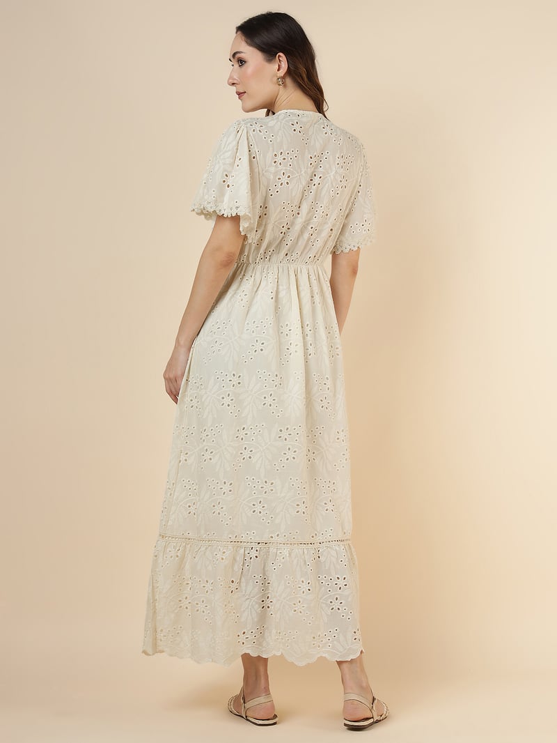 Natural Beige Cutwork Tiered Maxi Dress