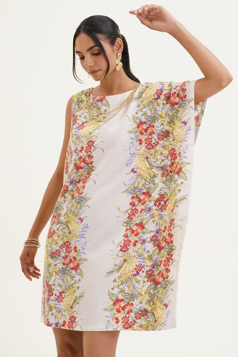 Ivory Tropical Print Mini Shift Dress