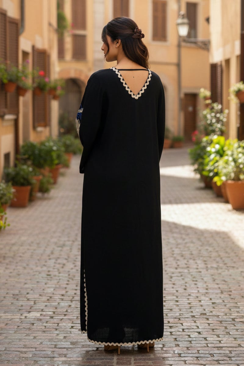 Black Linen Embroidered V-Neck Kaftan