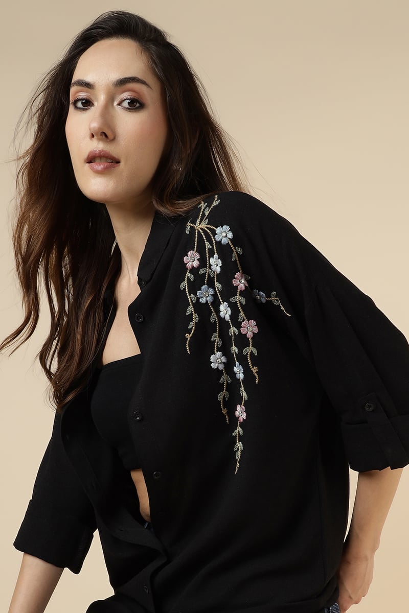 Black Floral Embroidered Longline Button-Down Shirt