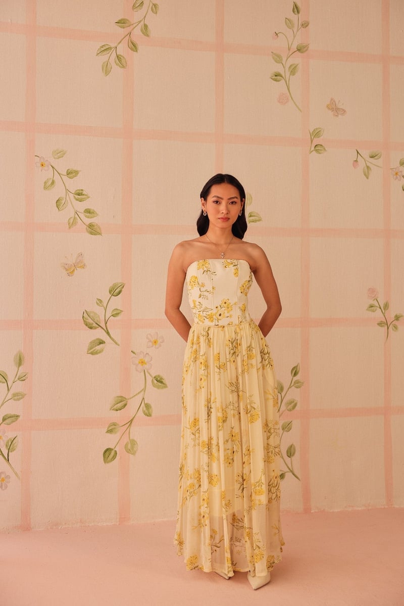 Butter Yellow Floral Print Chiffon Midi Skirt