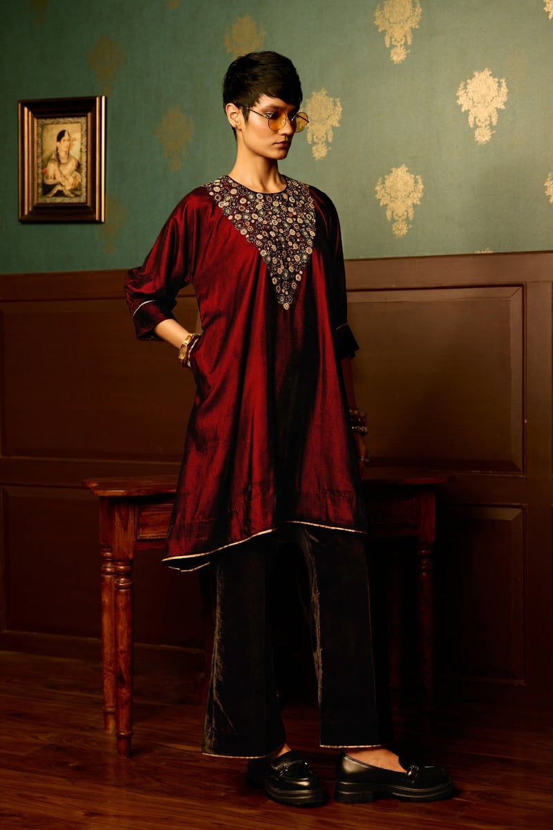 Maroon Velvet A-Line Kurta and Palazzo Set