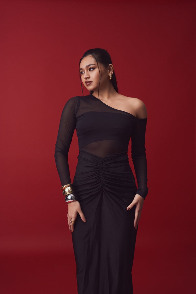Black One-Shoulder Sheer Sleeve Ruched Maxi Gown