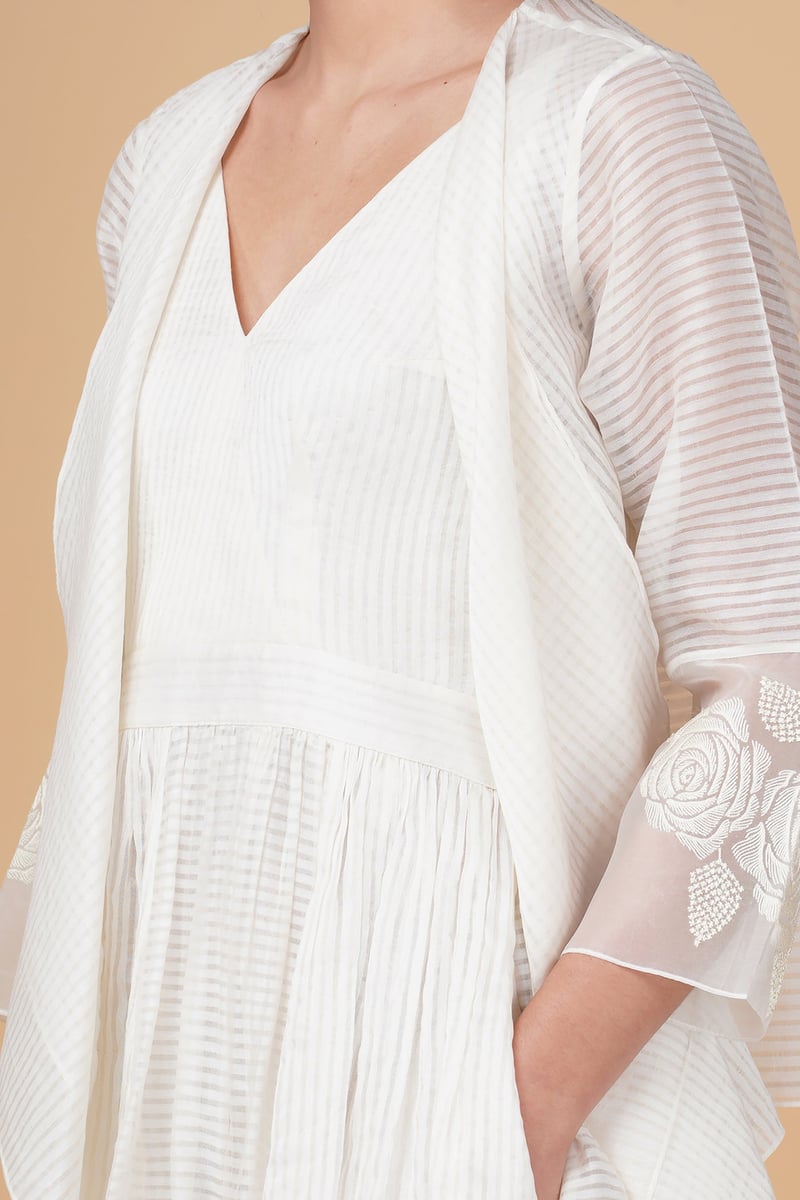 Ivory Stripe Organza Midi Dress and Draped Jacket Set