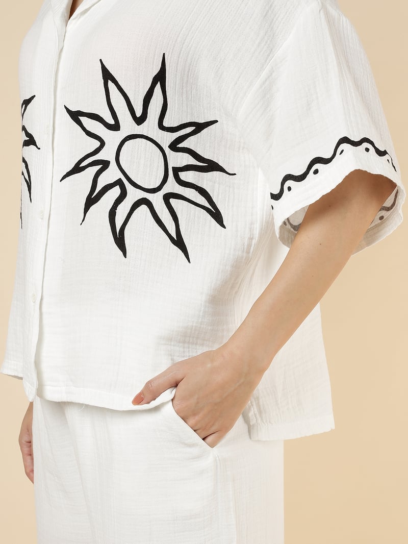 White Sun Motif Shirt and Wide-Leg Trouser Co-ord Set