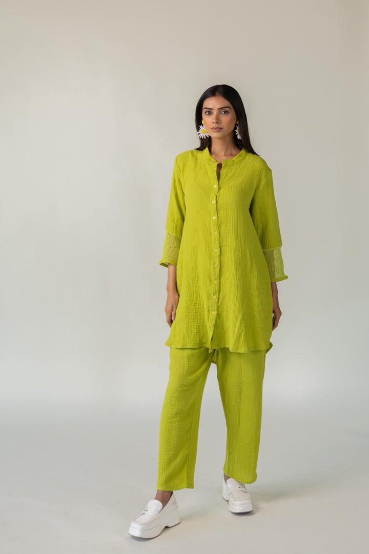 Green Cotton Tunic and Tapered Pants Co-ord Set