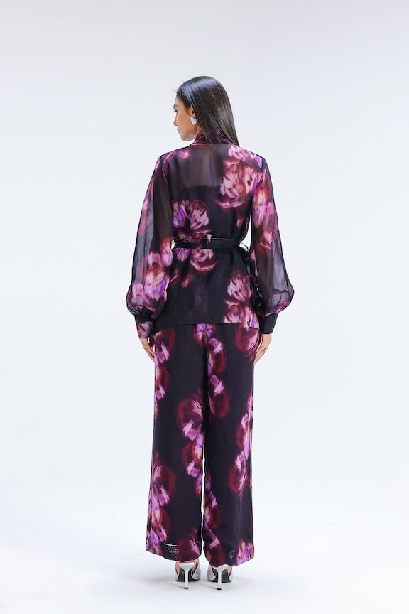 Plum Printed Organza Wrap Jacket and Straight Pants Co-ord Set
