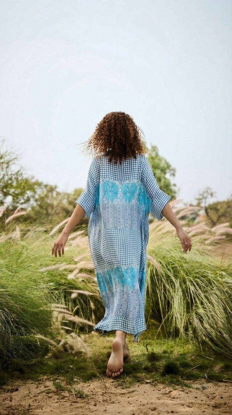 Blue Printed Chiffon Kaftan Maxi Dress