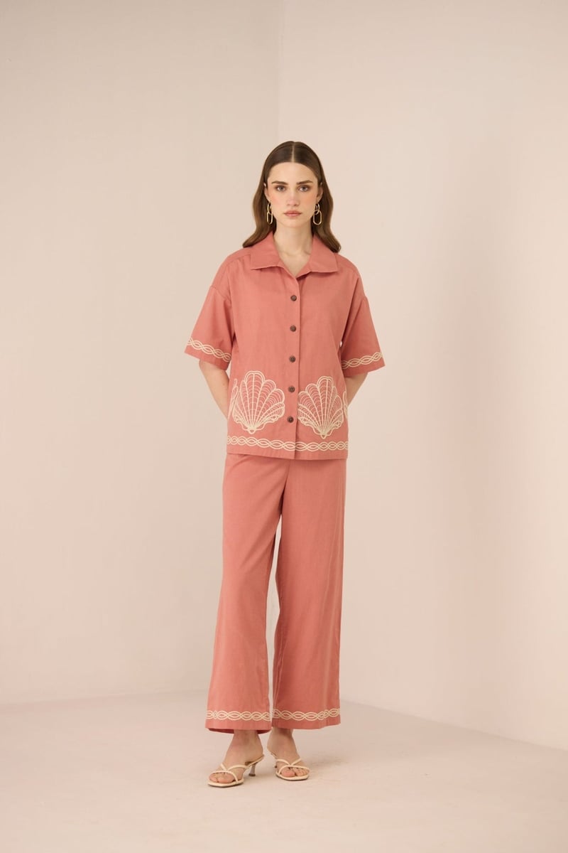 Coral Pink Cotton Linen Wide-Leg Trousers