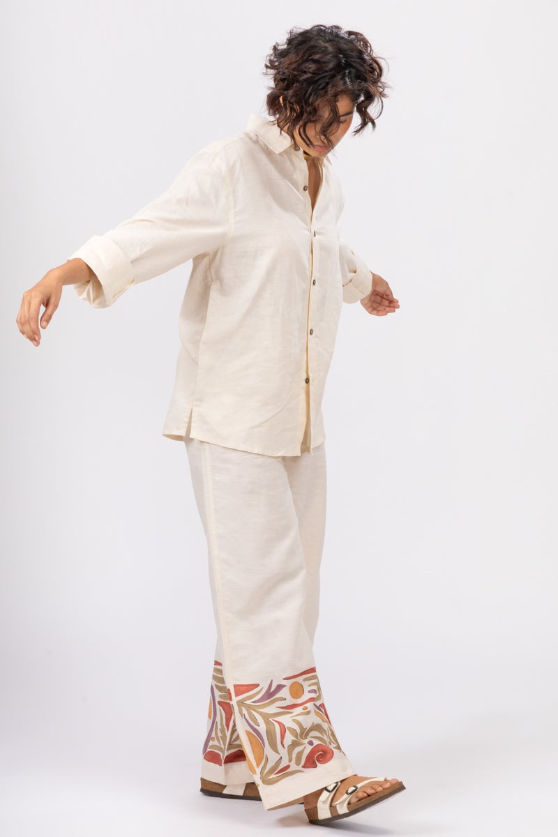 Off-White Cotton-Linen Wide-Leg Trousers with Painted Hem