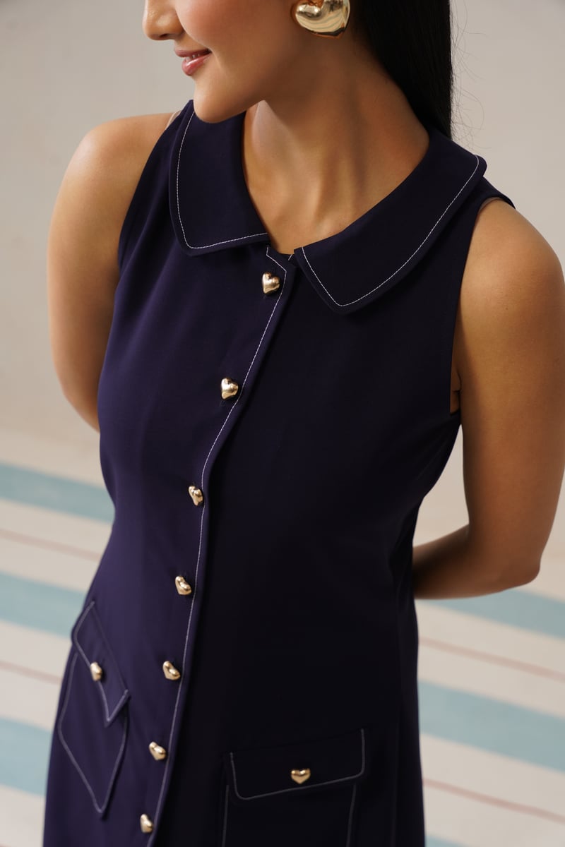 Dark Blue Sleeveless Collared Button-Front Mini Dress