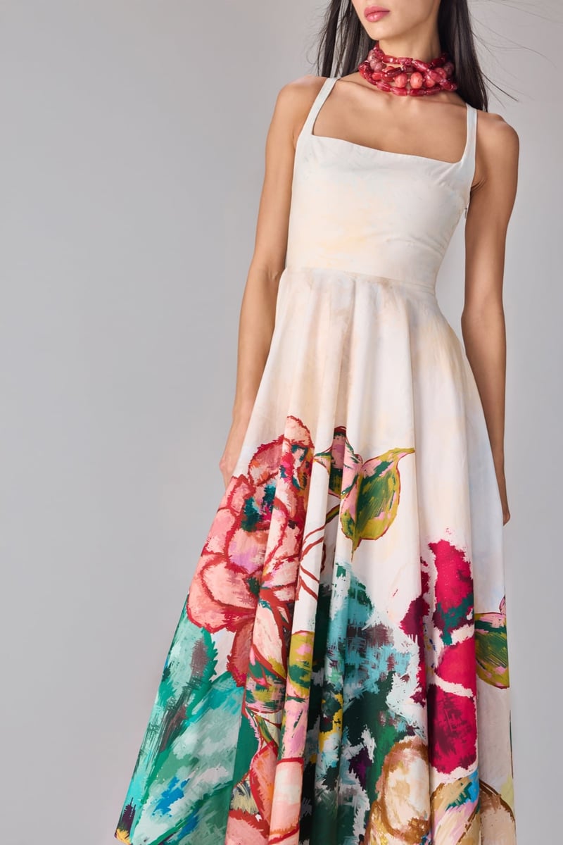 Ivory/Multi Square Neck Fit and Flare Midi Dress