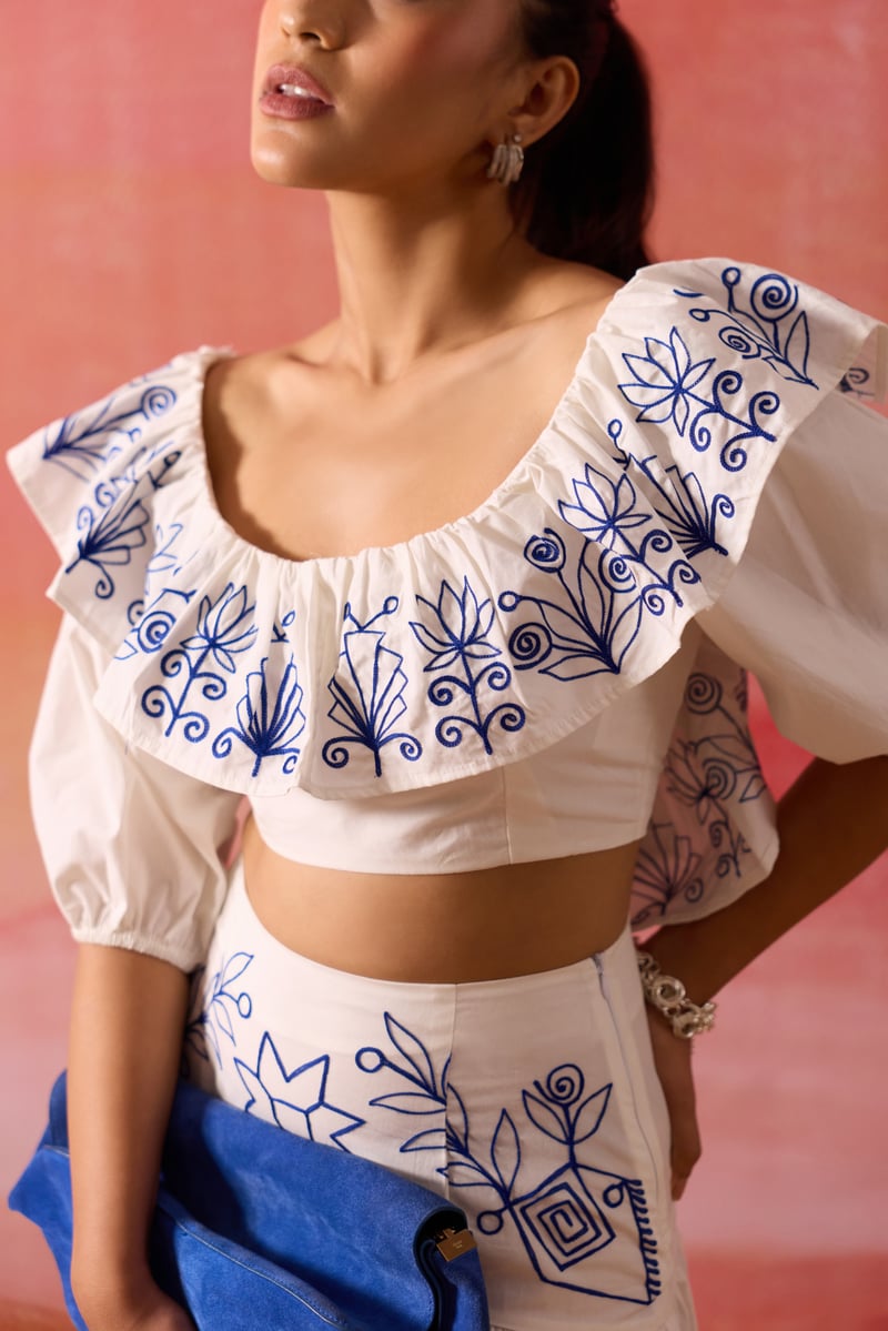 White and Blue Embroidered Off-Shoulder Co-ord Set