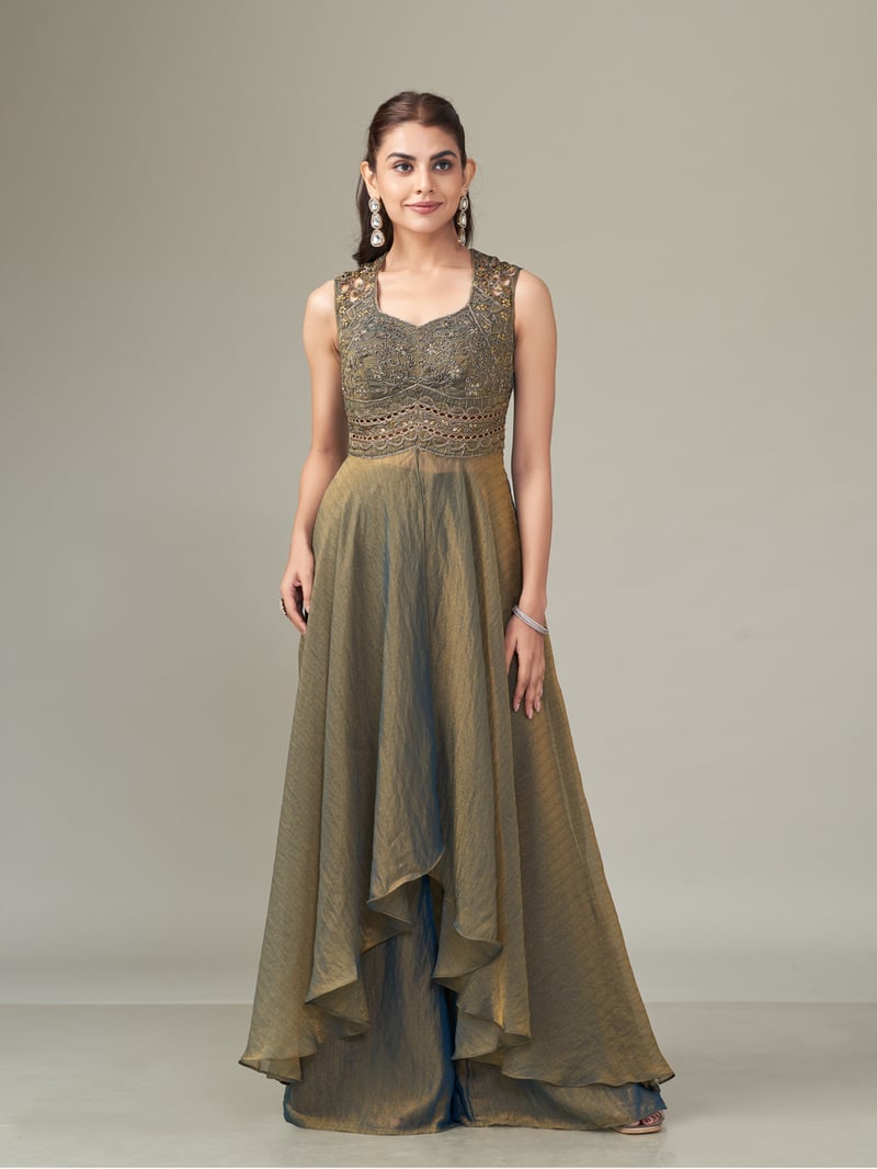 Moss Green Shimmer Chiffon Embroidered Co-ord Set