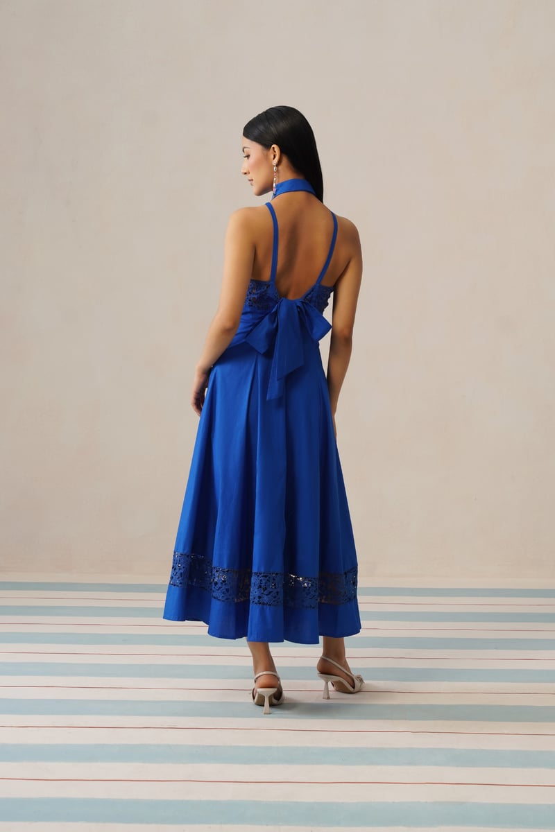 Blue Halter Collared Button-Down Midi Dress