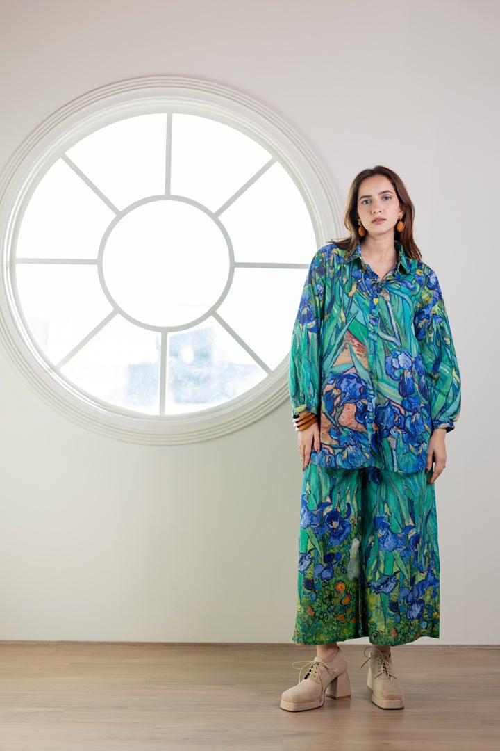 Aqua Blue Iris Print Shirt and Wide-Leg Pants Co-ord Set