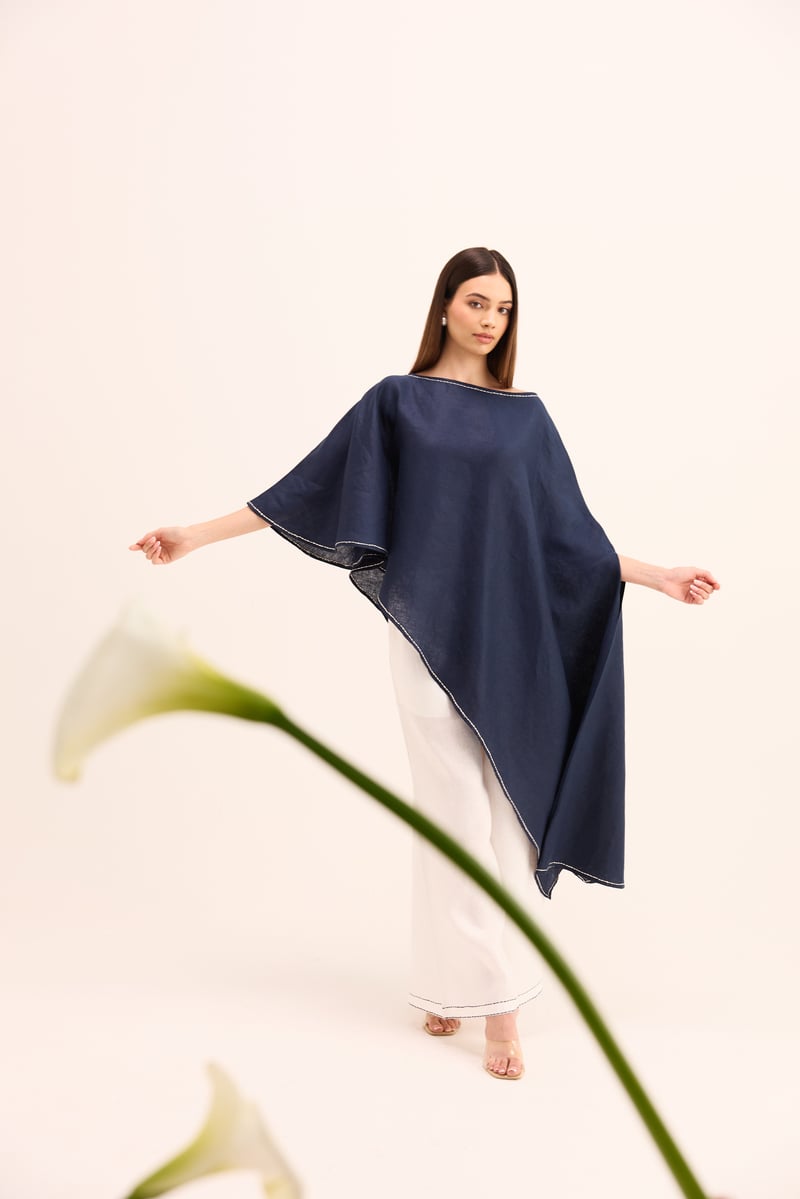 Blue Cape Top and White Linen Pants Co-ord Set