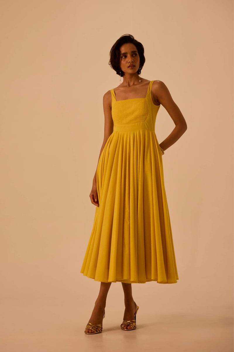 Yellow Fit and Flare Square Neck Midi Dress