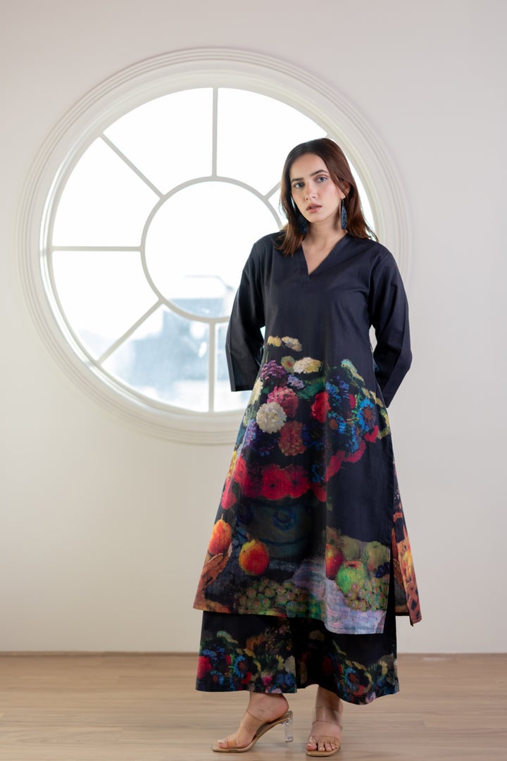 Black Printed A-Line Kurta Set with V-Neck