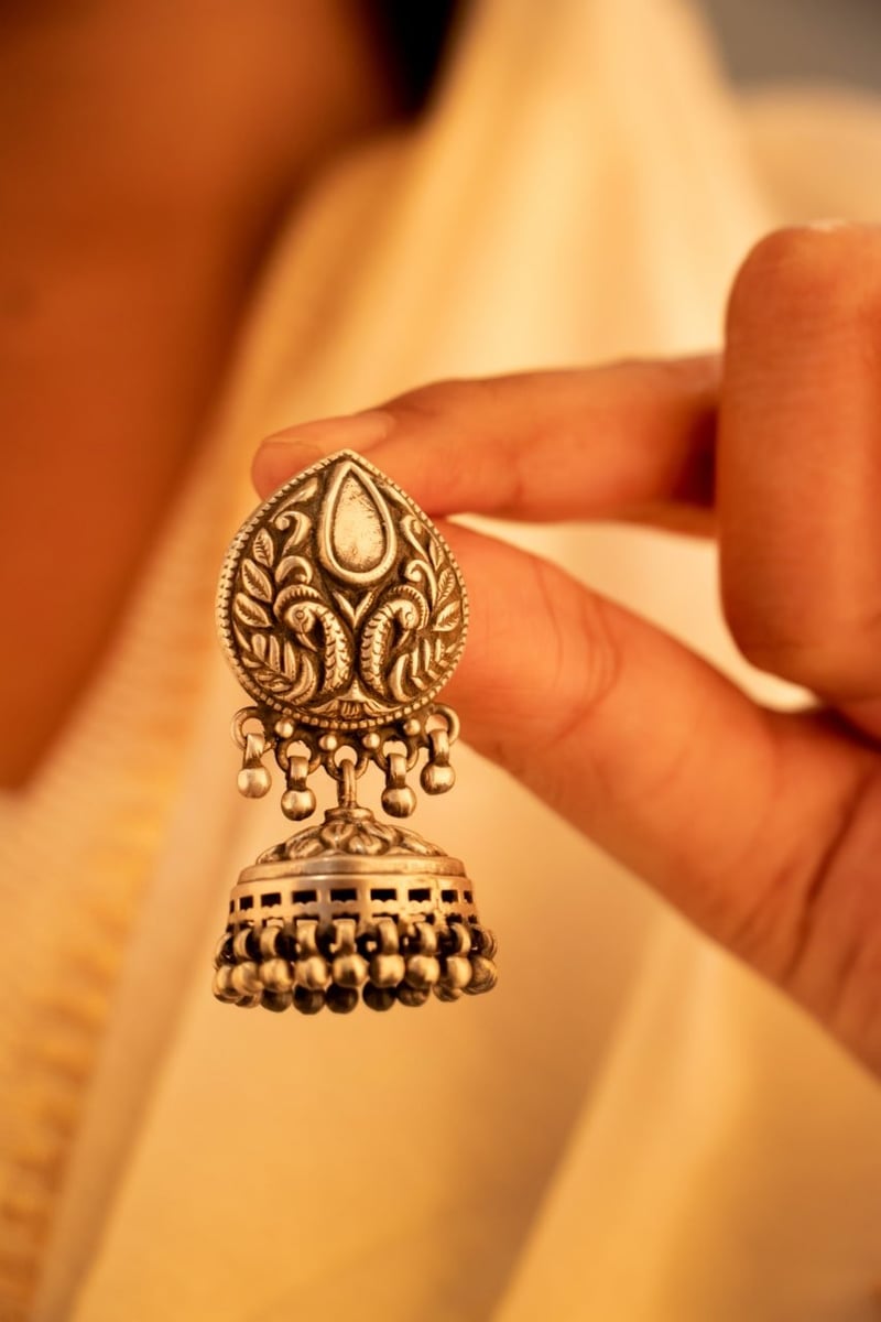 Moh Peacock Motif Embossed Classic Jhumki — Shyle
