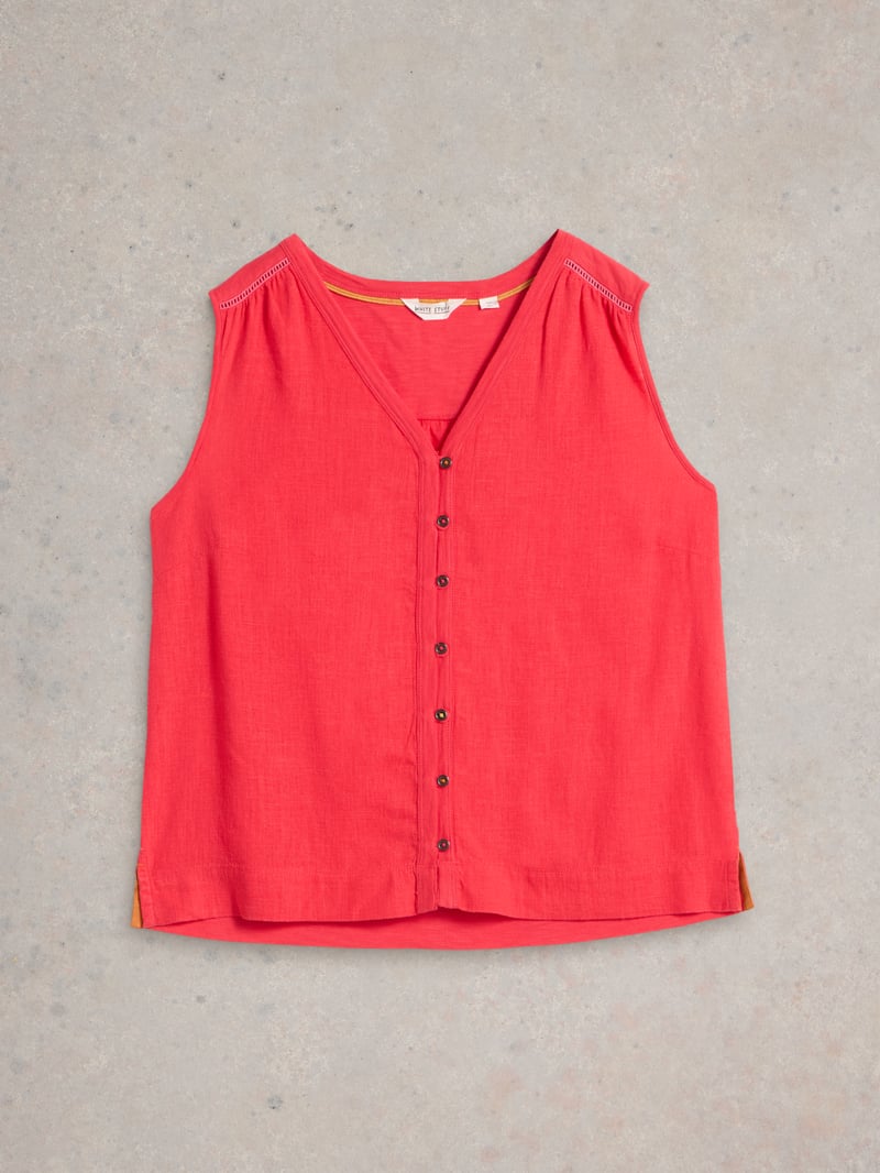 Bright Pink Sleeveless V-Neck Button-Through Top