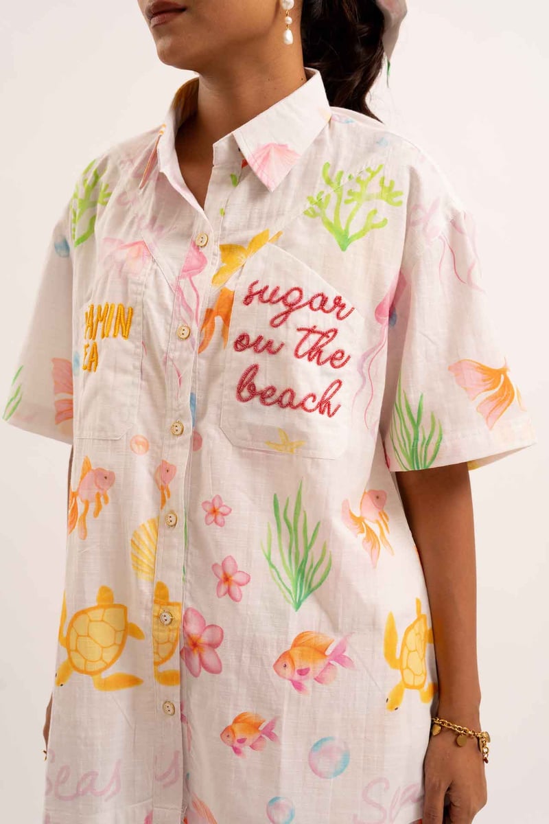 White Linen Beach Print Button-Down Shirt