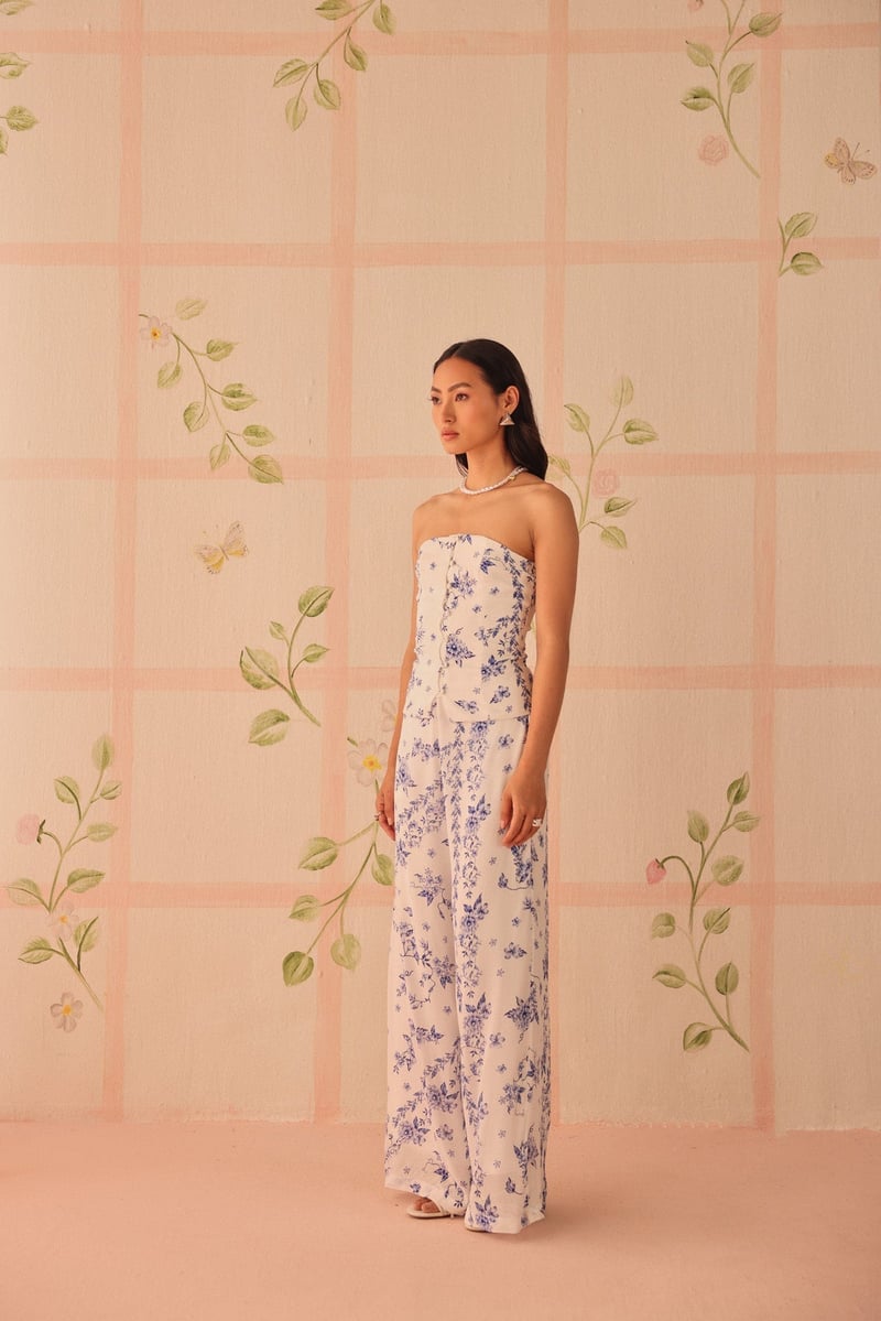 White/Blue Floral Wide-Leg Crepe Trousers