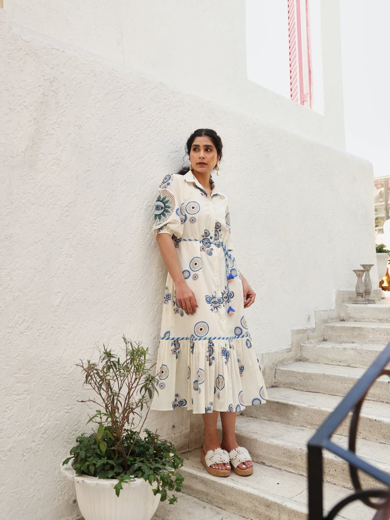 Green & Blue Sun & Moon Print Long Dress