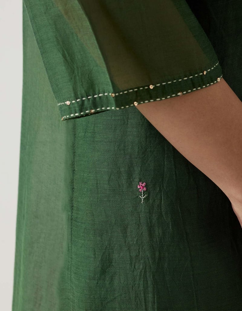 Bottle Green Embroidered Straight Kurta Set with Slip