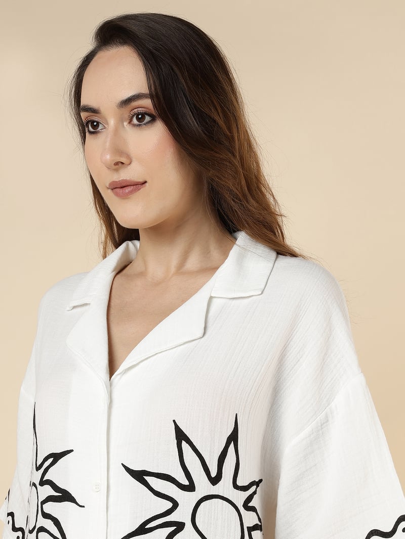 White Sun Motif Shirt and Wide-Leg Trouser Co-ord Set