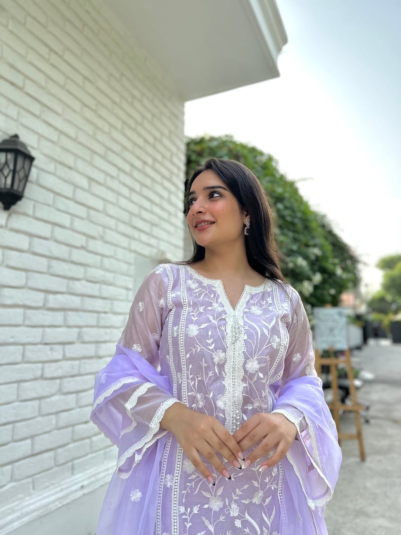 Lavender Embroidered Chanderi Suit Set with Organza Dupatta