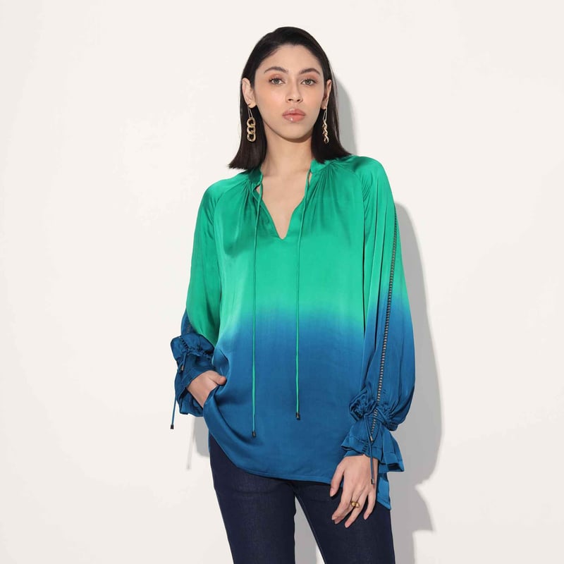 Blue/Green Ombre Viscose Satin Tie-Up Neck Longline Top