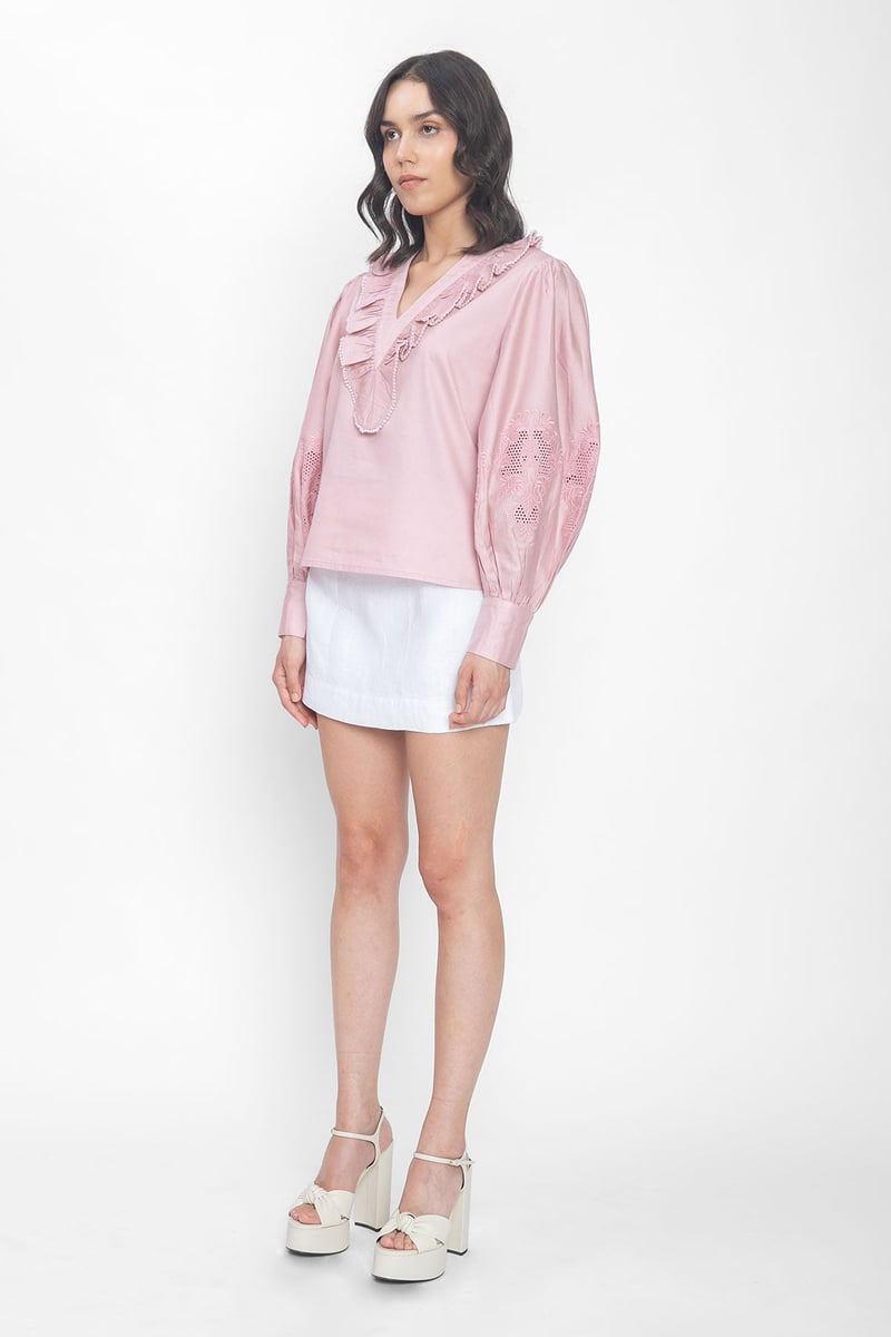 Dusty Pink Ruffle V-Neck Balloon Sleeve Top