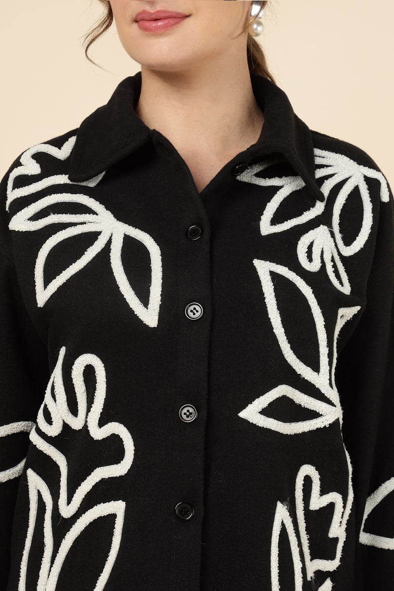 Black Floral Applique Overshirt Shirt